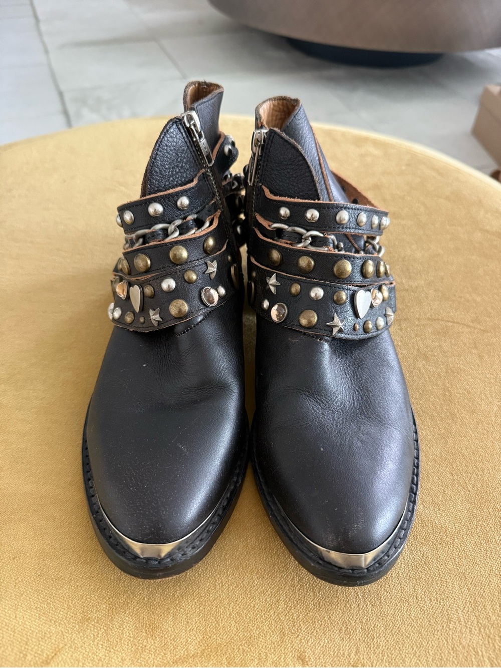 Leather Studded Black Ankle Boots with Metallic Accents, Never worn Size 10